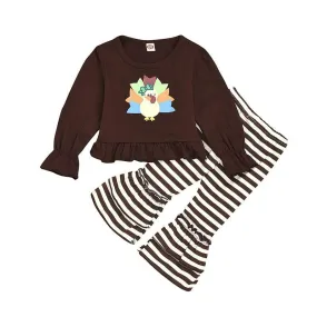 2 Pcs Set Thanksgiving Day Baby Girl Turkey Print T-shirts And Stripe Pants
