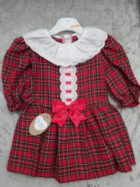 Baby Girls Kinder Tartan long sleeve Drop waist Bow Dress