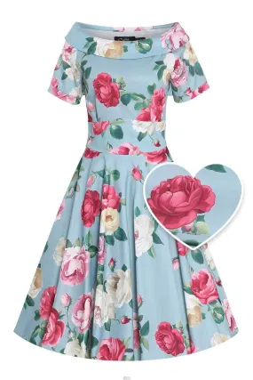 Darlene Peony Flared Dress In Blue