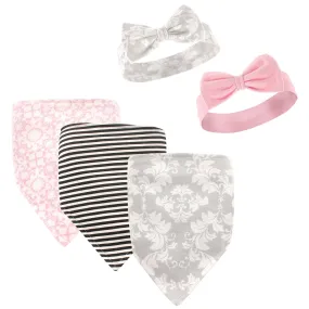 Hudson Baby Cotton Bib and Headband or Caps Set, Damask