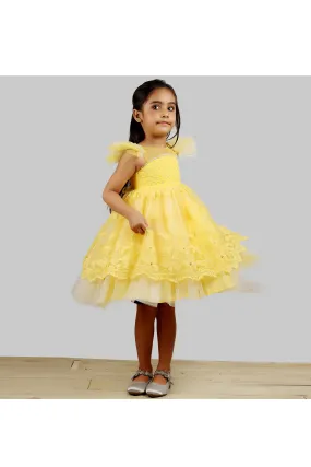 Yellow lace dress with frilly cap sleeves